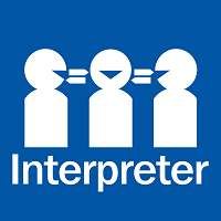 The image is a national symbol for interpreting and it shows 3 people and the word 'interpreter'